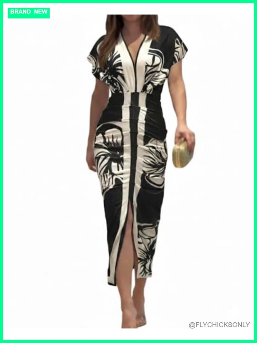 Women's Floral Plunge V-Neck Ruched Midi Dress Curve-Hugging Bodycon